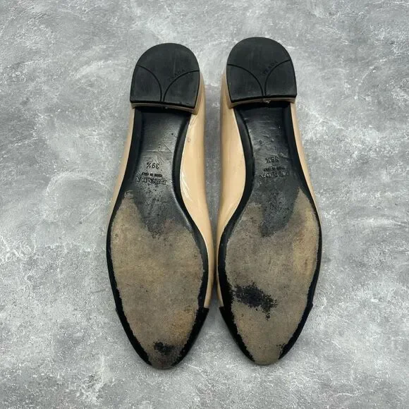 Prada Beige Black Leather Ballet Flats Slip On Size 39.5 Bow Accent Cap Toe